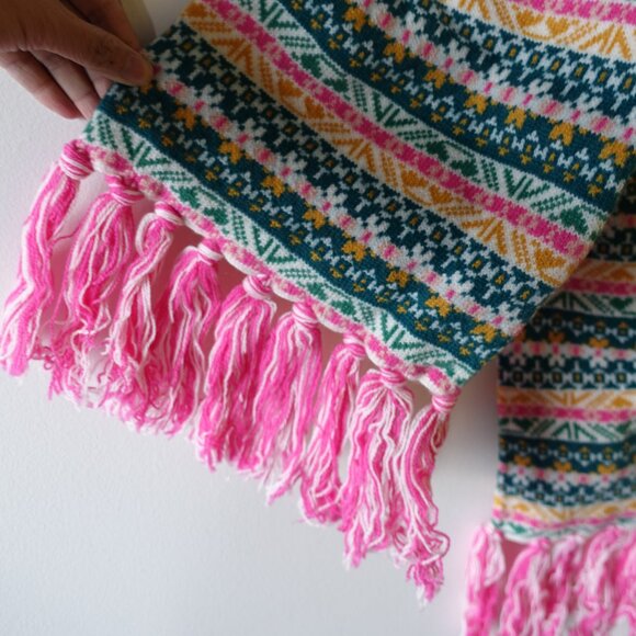 J.Crew AF063 Pink Green Fair Isle Wool-blend Nordic geometric scarf - Picture 10 of 16